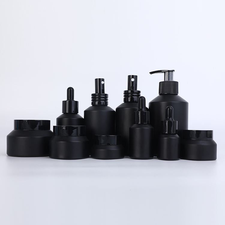 Full set cosmetic frosted black glass bottle