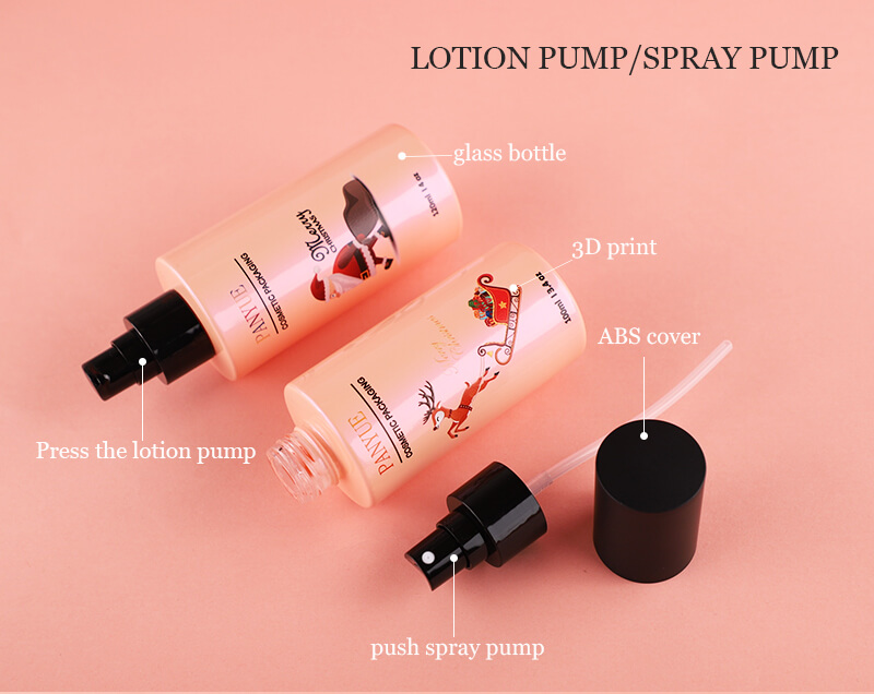 Cosmetic glass bottle set packing with black lotion pump spray dropper