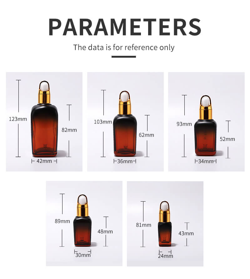 Specification for different sizes glass essential oil bottle