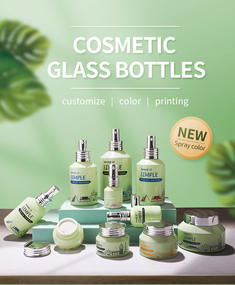 Light green slanted shoulder glass bottle and jars
