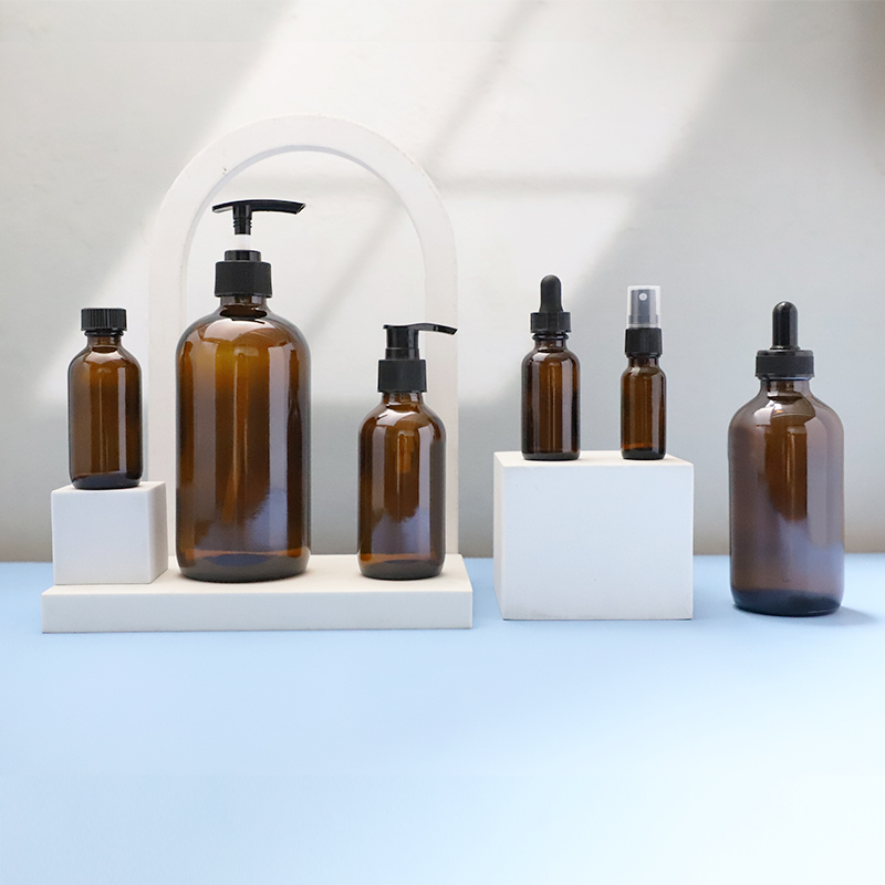 amber glass pump bottle