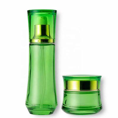 Glossy green skincare product in glass bottle