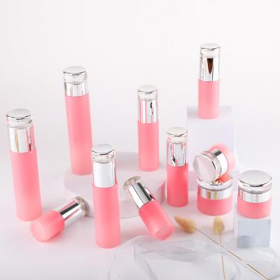 Pink frosted cosmetic glass bottle jar