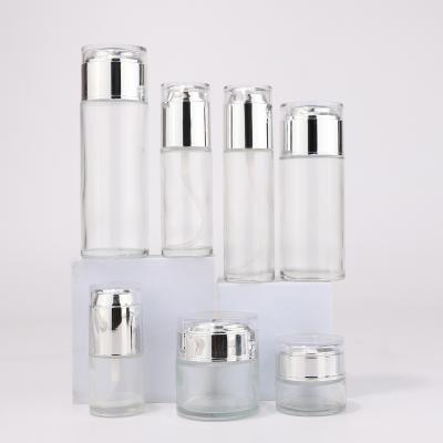 White cosmetic glass bottle set with pump for cosmetic packaging