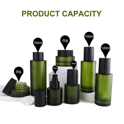 Hot sell frosted green color cosmetic glass bottle set packing