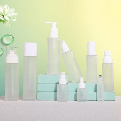 Simple Clear Frosted Flat-shouldered Glass Bottle Set for Cosmetic Face Cream Lotion Serum