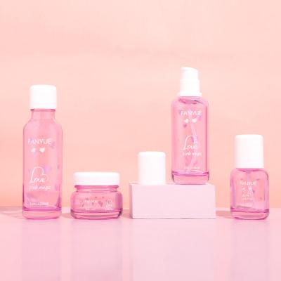 Pink Round Shouldered Cosmetic Glass Bottle and Jar
